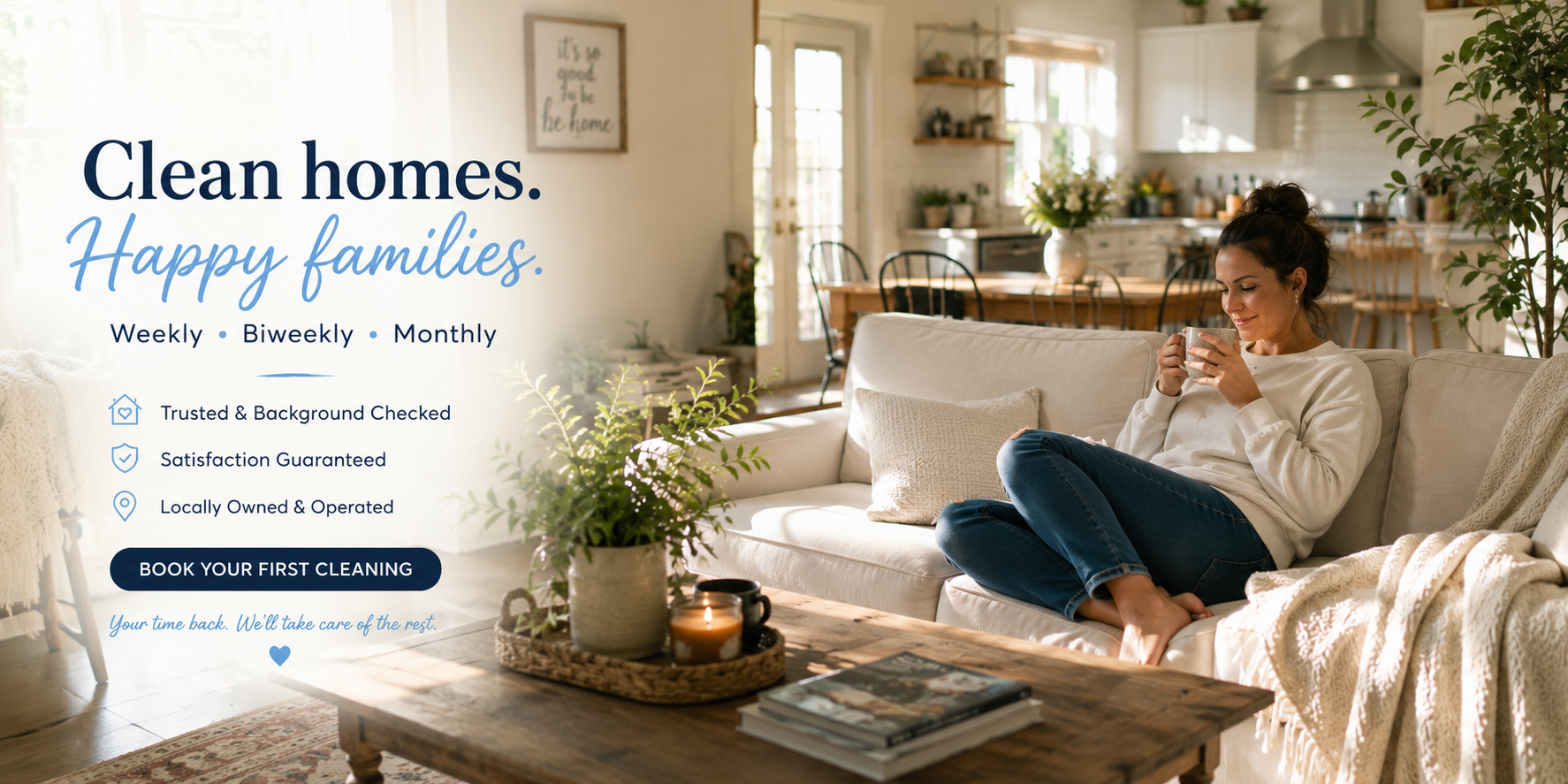 A relaxed homeowner enjoying coffee in a bright, freshly cleaned living room